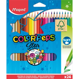Maped Color´Peps Star Pack de 24 Lapices de Colores Triangulares - Mina Suave - Madera Certificada FSC - Colores Surtidos