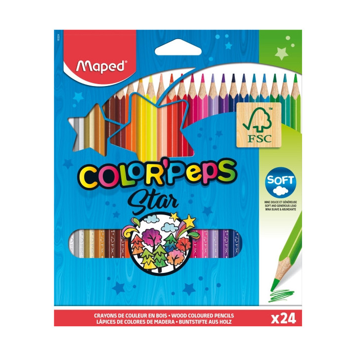 Maped Color´Peps Star Pack de 24 Lapices de Colores Triangulares - Mina Suave - Madera Certificada FSC - Colores Surtidos
