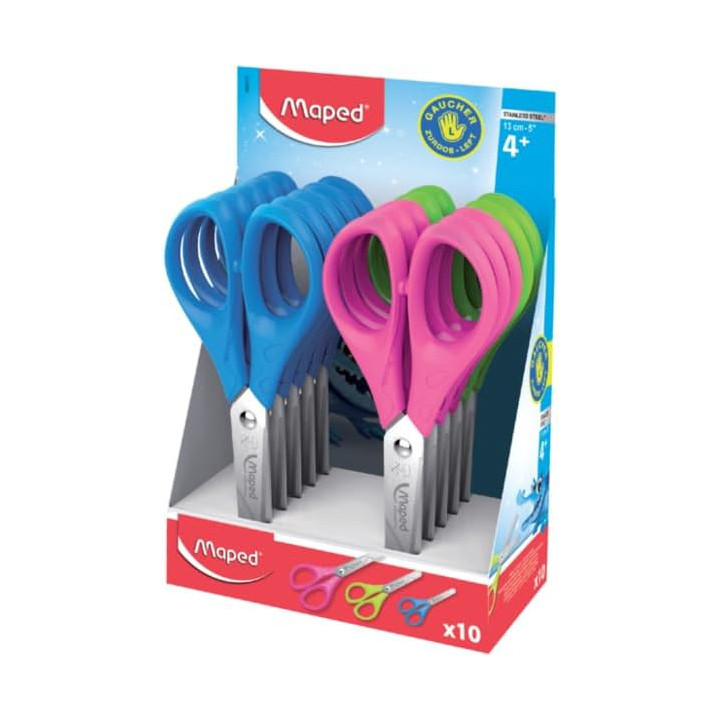 Maped Essentials Zurdos Tijera Escolar Punta Redonda 13cm - Hojas de Acero Inoxidable - Mango de Plastico Simetrico - Colores S