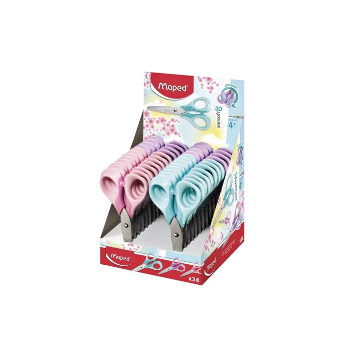 Maped Sensoft Tijera Escolar Punta Redonda 13cm - Hojas de Acero Inoxidable - Mango de Plastico Simetrico - Colores Pastel Surt