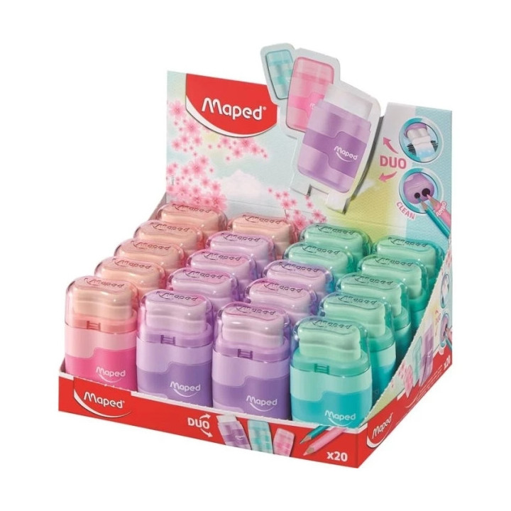Maped Connect Duo Afilaborra de 2 Orificio con Goma de Borrar - Deposito de Gran Capacidad - Forma Ergonomica - Colores Surtido