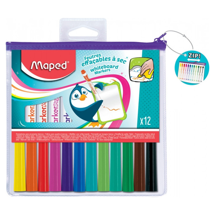 Maped Marker'Peps Pack de 12 Rotuladores para Pizarra Blanca - Punta de Bala 1.5mm - Borrado en Seco - Practica Bolsa con Crema