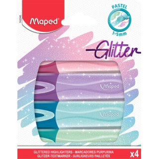 Maped Glitter Pastel Pack de 4 Marcadores Fluorescentes Pastel con Purpurina - Punta Biselada - Trazo de 1 a 5mm - Ideal para S