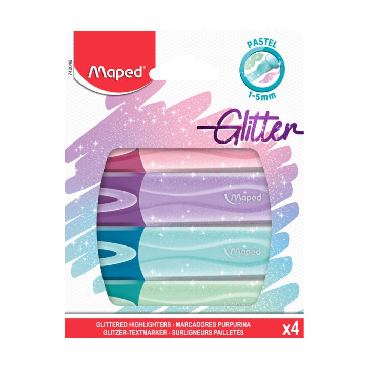 Maped Glitter Pastel Pack de 4 Marcadores Fluorescentes Pastel con Purpurina - Punta Biselada - Trazo de 1 a 5mm - Ideal para S