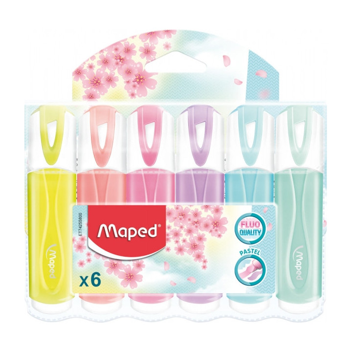Maped Classic Pack de 6 Marcadores Fluorescentes Pastel - Punta Biselada - Trazo de 1 a 5mm - Ideal para Subrayar y Resaltar -