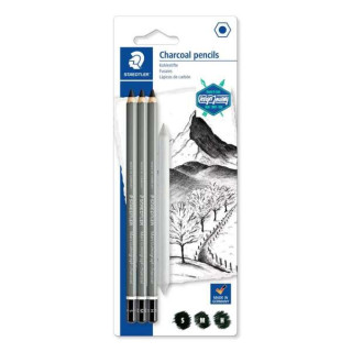Staedtler Mars Lumograph Charcoal 100C Pack de 3 Lapices de Grafito + Difuminador - Alta Proporción de Carbon y Carboncillo -