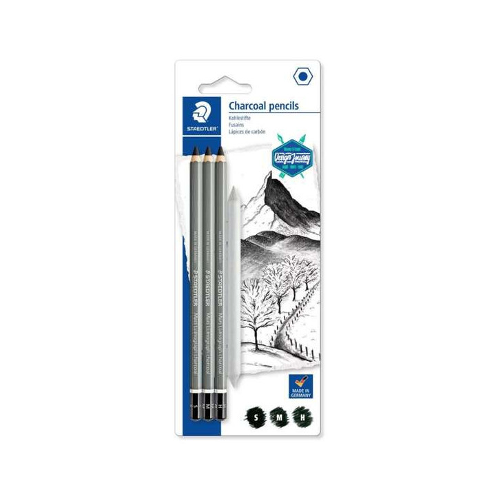 Staedtler Mars Lumograph Charcoal 100C Pack de 3 Lapices de Grafito + Difuminador - Alta Proporción de Carbon y Carboncillo -