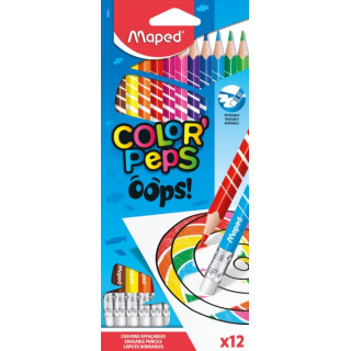 Maped Color´Peps Oops Pack de 12 Lapices de Colores Borrables - Mina 2.9mm - Con Goma de Borrar - Sin Madera - Colores Surtido