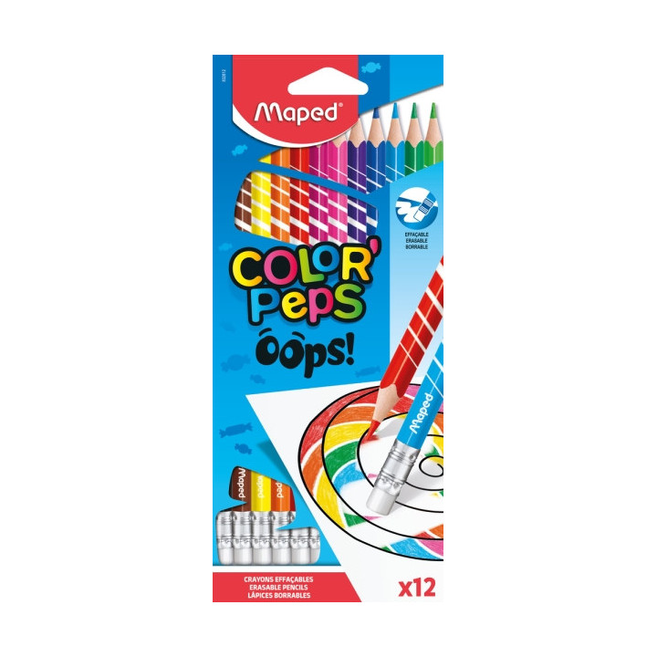 Maped Color´Peps Oops Pack de 12 Lapices de Colores Borrables - Mina 2.9mm - Con Goma de Borrar - Sin Madera - Colores Surtido