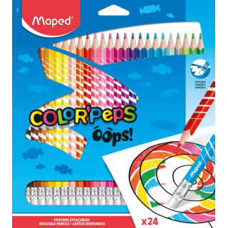 Maped Color´Peps Oops Pack de 24 Lapices de Colores Borrables - Mina 2.9mm - Con Goma de Borrar - Sin Madera - Colores Surtido