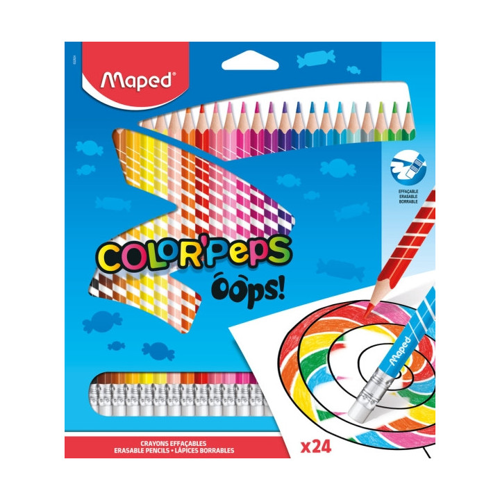 Maped Color´Peps Oops Pack de 24 Lapices de Colores Borrables - Mina 2.9mm - Con Goma de Borrar - Sin Madera - Colores Surtido