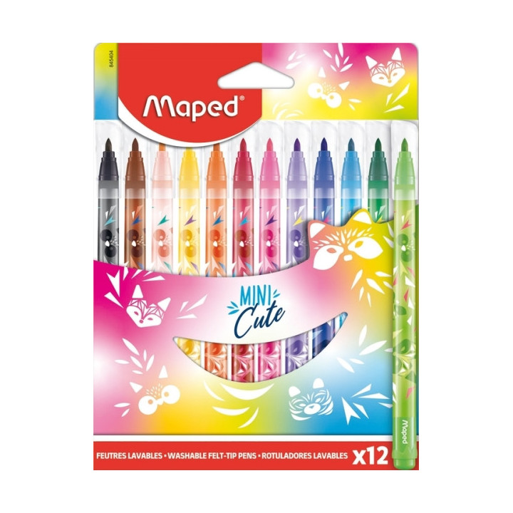Maped Jungle Mini Cute Pack de 12 Rotuladores con Punta Media Bloqueada 2.8mm - Tinta Lavable - Colores Surtidos