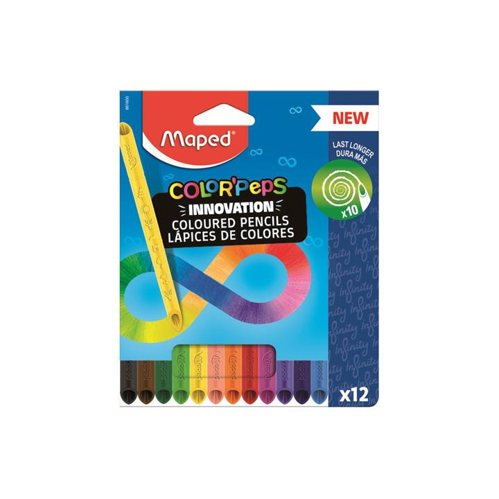 Maped Color`Peps Infinity Pack de 12 Lapices de Colores de Larga Duracion - Hecho Totalmente de Mina - Colores Surtidos