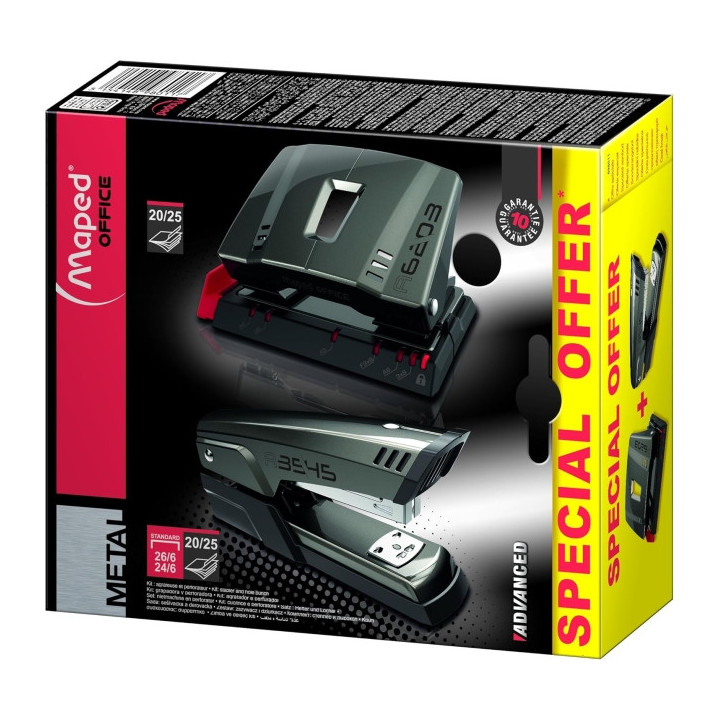 Maped Pack de Grapadora Metalica A3545 + Taladro Metalico A6203 - Grapa hasta 25 Hojas a la Vez - Admite Grapas 24/6 y 26/6 - P