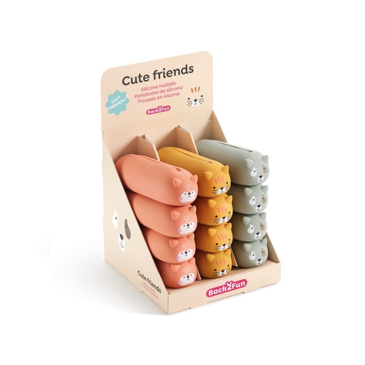 Miquel Rius Back2Fun Animales Cute Expositor con 12 Portatodos de Silicona - 4 de cada Modelo de Animal - Cierre con Cremallera