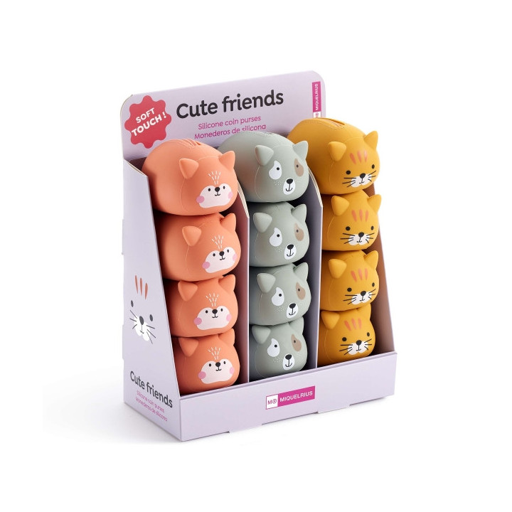 Miquel Rius Back2Fun Animales Cute Expositor con 12 Monederos de Silicona - 4 de cada Modelo de Animal - Cierre con Cremallera