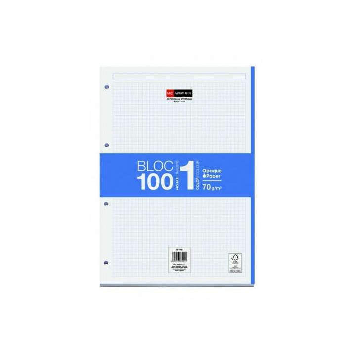 Miquel Rius Bloc1 Bloc Encolado Formato A4 - 100 Hojas de 70gr con 4 Taladros - Banda de las Hojas Azul - Base de Carton - Cuad