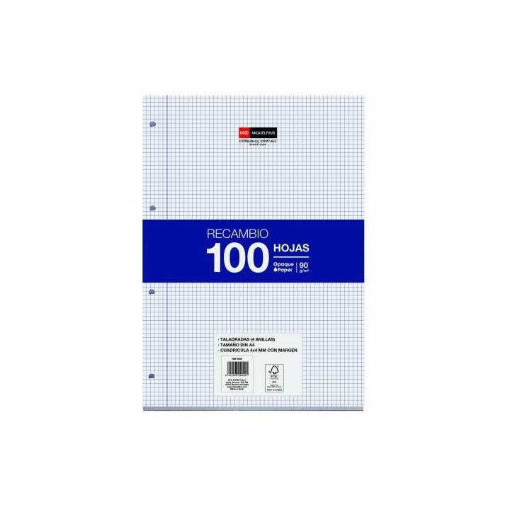 Miquel Rius Recambio Formato A4 - 100 Hojas Sueltas de 90gr con 4 Taladros - Cuadricula 4x4 con Margen