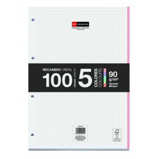 Miquel Rius Recambio Formato A4 - 100 Hojas Sueltas de 90gr con 4 Taladros - Banda de las Hojas en 5 Colores Pastel - Cuadricul