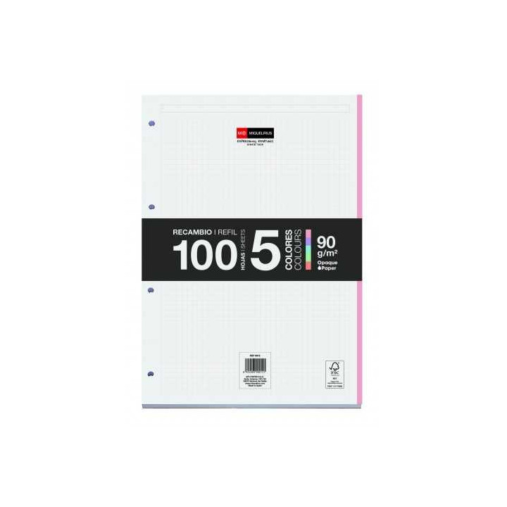 Miquel Rius Recambio Formato A4 - 100 Hojas Sueltas de 90gr con 4 Taladros - Banda de las Hojas en 5 Colores Pastel - Cuadricul