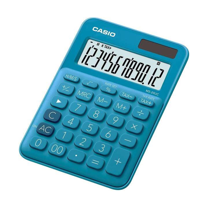 Casio MS-20UC Calculadora de Sobremesa Pequeña - Pantalla LCD de 12 Digitos - Alimentacion Solar y Pilas - Color Azul