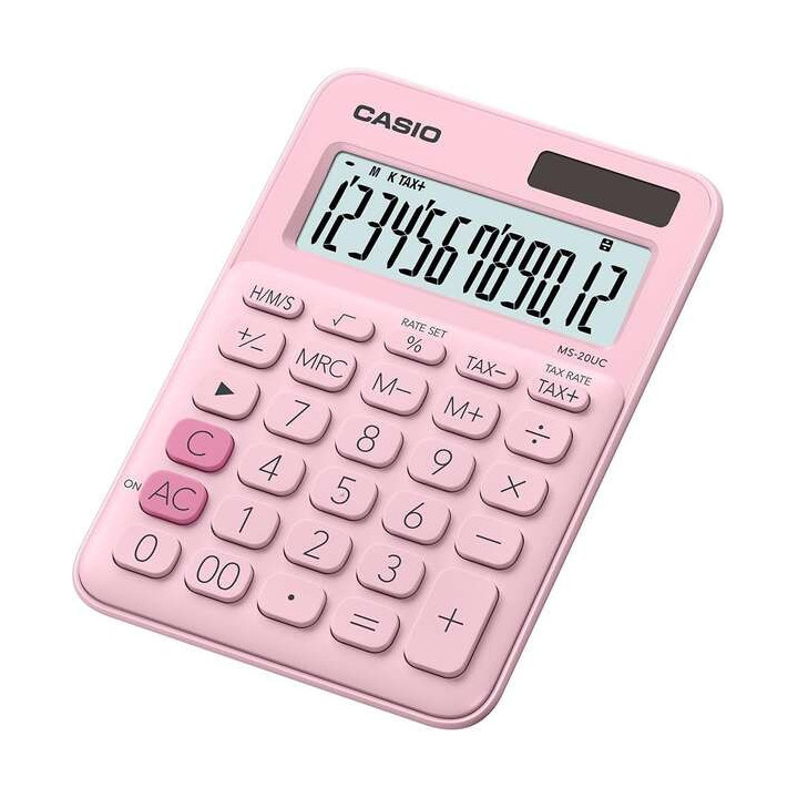 Casio MS-20UC Calculadora de Sobremesa Pequeña - Pantalla LCD de 12 Digitos - Alimentacion Solar y Pilas - Color Rosa