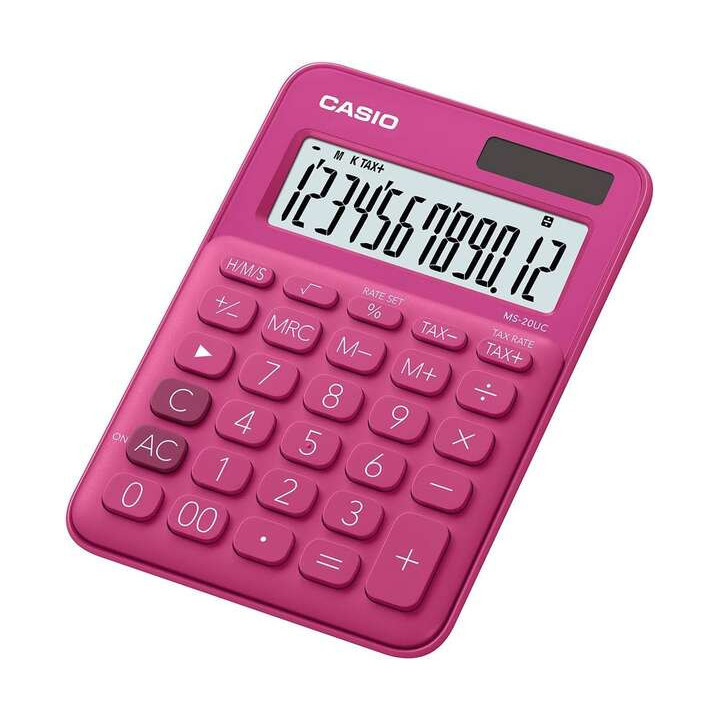 Casio MS-20UC Calculadora de Sobremesa Pequeña - Pantalla LCD de 12 Digitos - Alimentacion Solar y Pilas - Color Rosa Fucsia