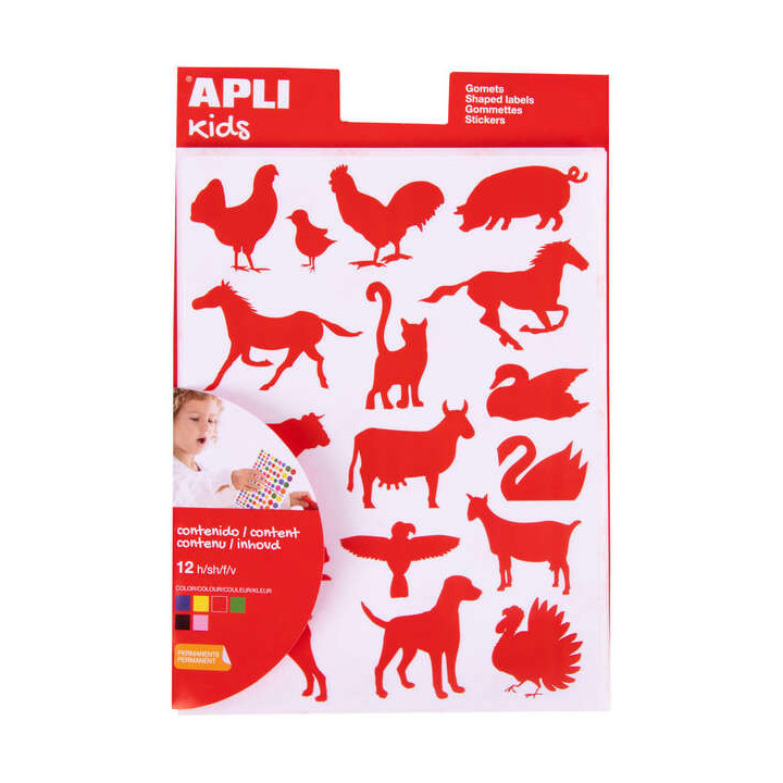 Apli Bolsa de Gomets de Adhesivo Permanente con Formas de Animales de Granja - 204 Gomets por Bolsa - Desarrolla la Psicomotric