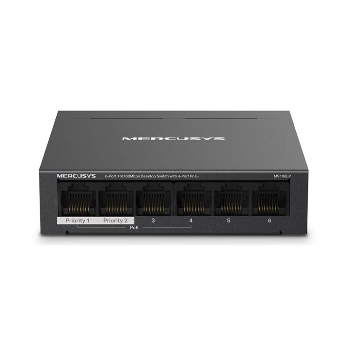 Mercusys Switch 6 Puertos RJ45 10/100Mbps - 4 Puertos PoE - Largo Alcance hasta 250m en Modo Extendido - Carcasa de Metal