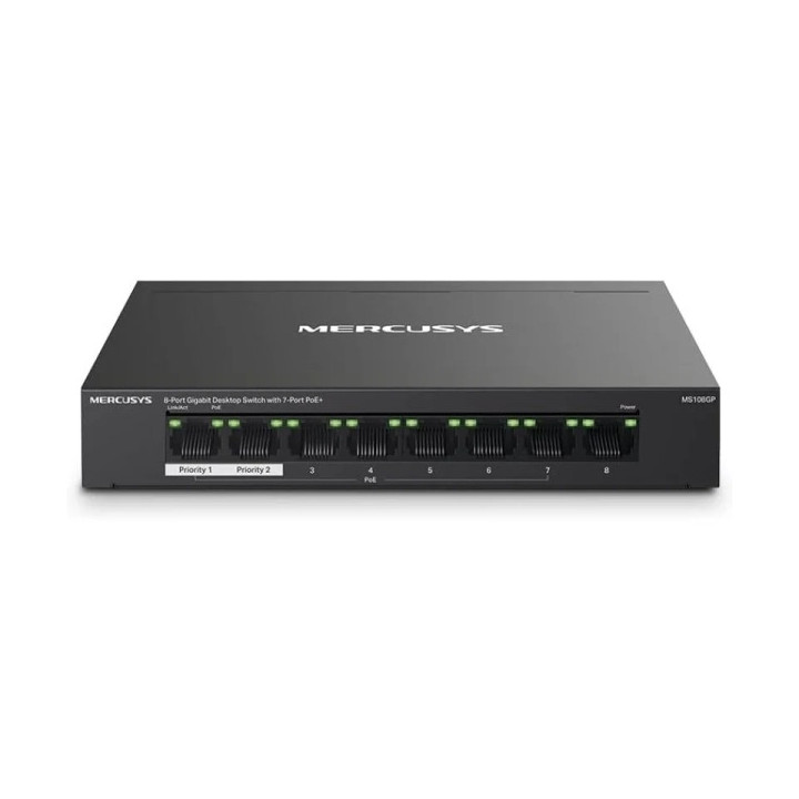 Mercusys Switch 8 Puertos Gigabit RJ45 10/100/1000Mbps - 7 Puertos PoE - Diseño Compacto - Plug & Play - Carcasa de Metal