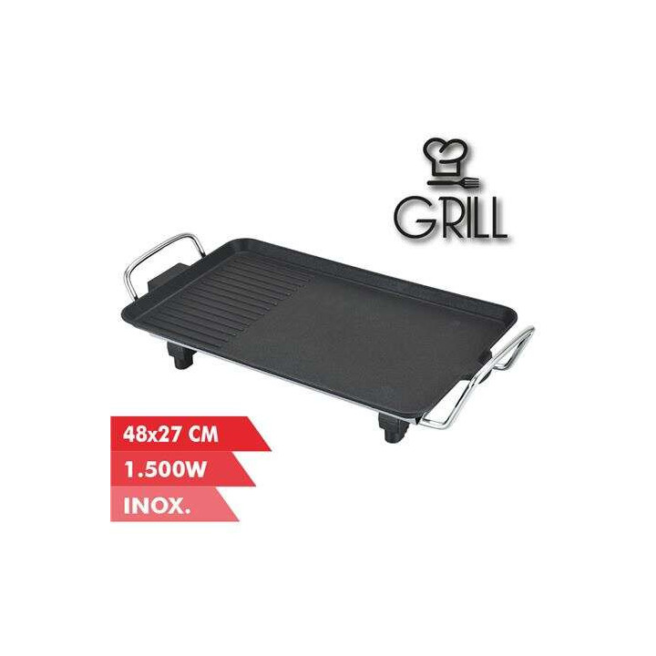 Muvip Plancha de Asar Electrica 1500W - 2 Zonas Lisa y Grill - Placa Antiadherente - Asas Tacto Frio - Termostato Extraible - S