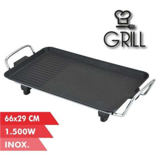 Muvip Plancha de Asar Electrica 1500W - 2 Zonas Lisa y Grill - Placa Antiadherente - Asas Tacto Frio - Termostato Extraible - S