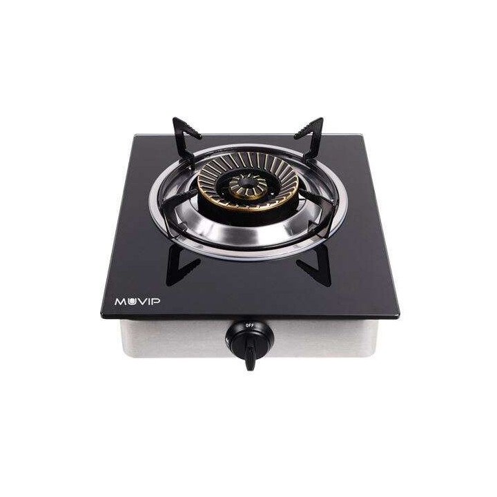 Muvip Cocina de Gas Inox 1 Fuego - Cristal Templado - Encendido Piezoelectrico - Quemador de Hierro Fundido Desmontable
