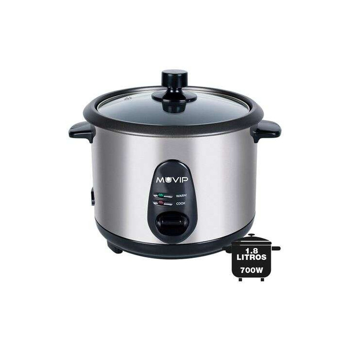 Muvip Arrocera - Capacidad 1.8 Litros - Potencia 700W - Cuerpo de Acero Inoxidable - Recipiente Antiadherente - Tapa de Cristal
