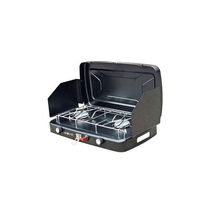 Muvip Cocina de Gas 2 Fuegos + Protectores Contra Viento - Protectores contra el Viento - Base Antideslizante - Color Negro