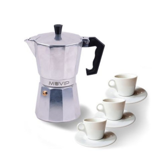 Muvip MV0600 Cafetera de Aluminio - Capacidad 3 Tazas - Mango Ergonomico - Antiadherente - Apta para Placas Electricas
