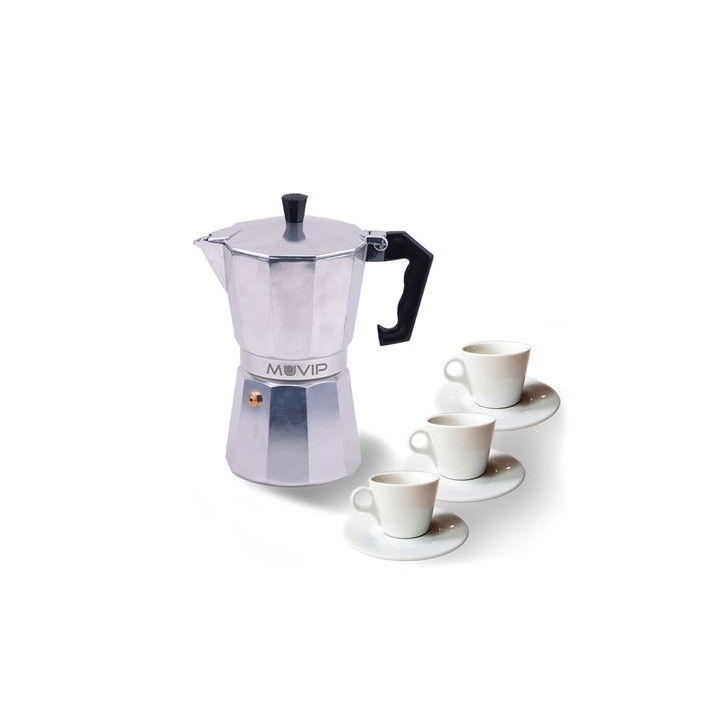 Muvip MV0600 Cafetera de Aluminio - Capacidad 3 Tazas - Mango Ergonomico - Antiadherente - Apta para Placas Electricas