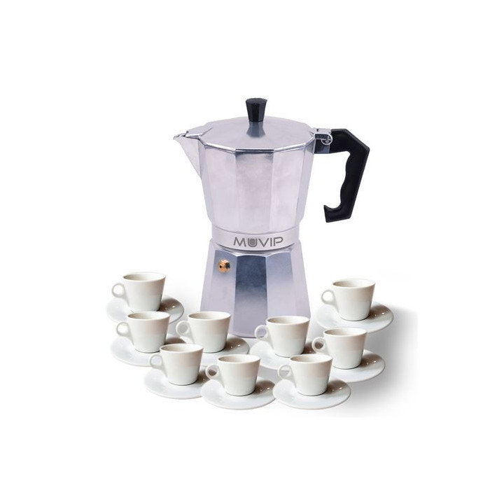 Muvip MV0602 Cafetera de Aluminio - Capacidad 9 Tazas - Mango Ergonomico - Antiadherente - Apta para Placas Electricas