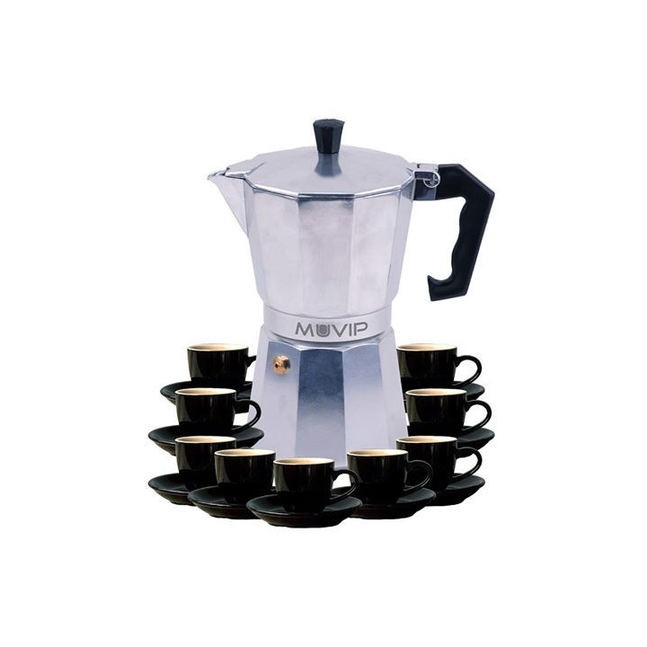 Muvip MV0605 Cafetera de Aluminio - Capacidad 9 Tazas - Mango de Baquelita Termoresistente Ergonomico - Apta para Placas Electr