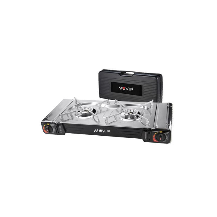 Muvip Cocina de Gas Portatil 2 Fuegos - Doble Bombona - Encendido Automatico - Quemador de Aluminio - Valvula de Doble Sellado