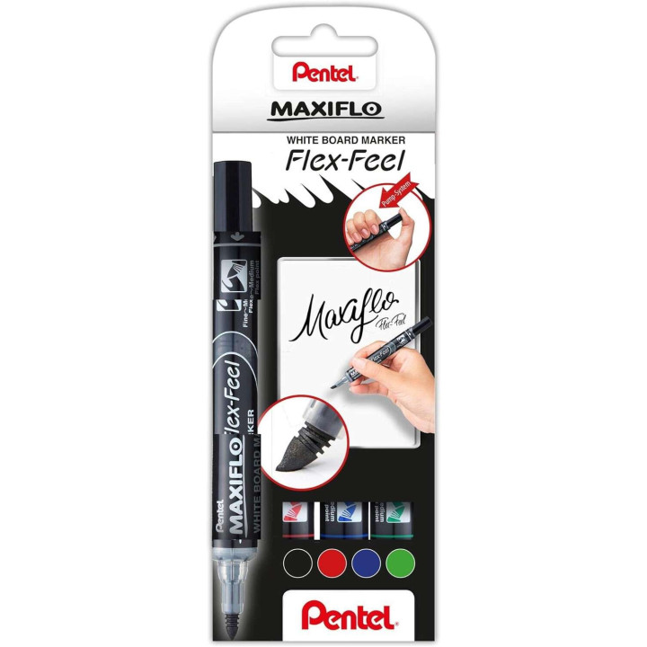 Pentel Maxiflo Flex-Feel Pack de 4 Rotuladores para Pizarra Blanca - Punta Flexible 4.6mm - Dosificacion de Tinta mediante Embo