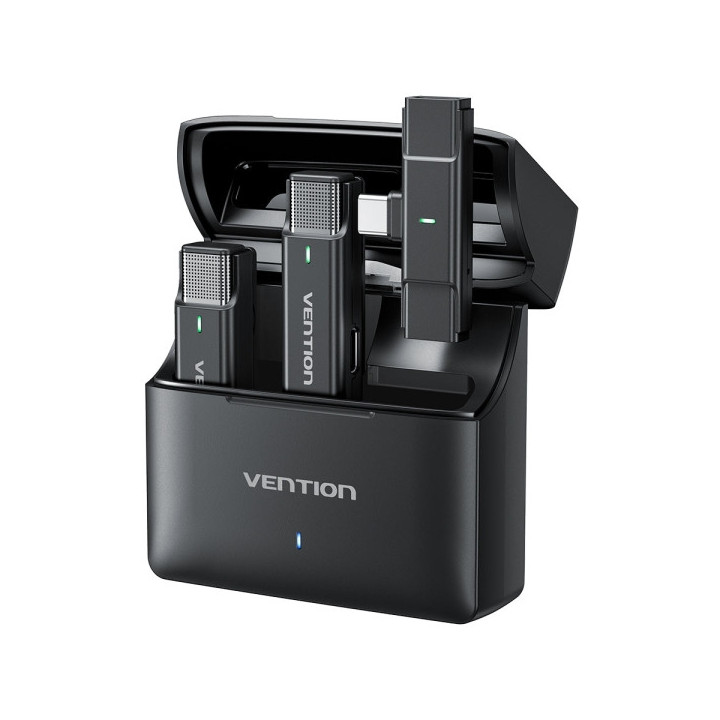 Vention Levalier Microfono Clip Inalambrico USB-C - Cancelacion de Ruido Avanzada - Bateria 30h - Rango 300m - Color Negro