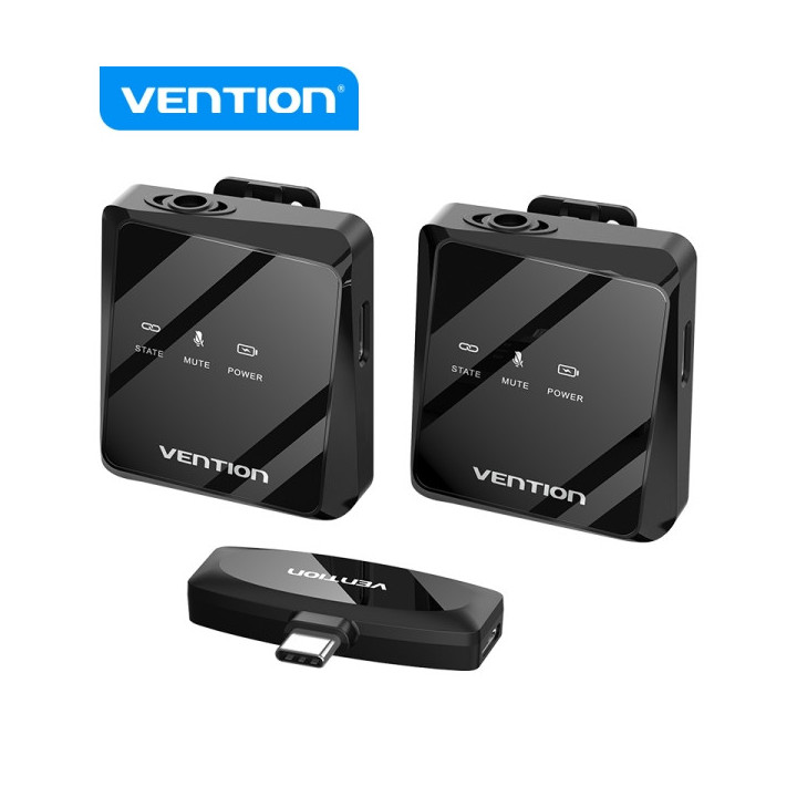 Vention Microfono Clip Inalambrico USB-C - Calidad de Audio 32 kHz - Latencia 20 ms - Bateria 26h - Rango 50m - Cancelacion de
