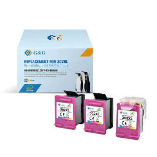 G&G HP 302XL Color Pack de 3 Cartuchos de Tinta Remanufacturados - Eco Saver - Muestra Nivel de Tinta - Reemplaza F6U67AE/F6U65
