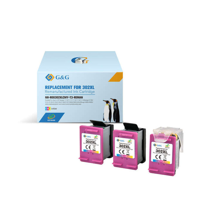 G&G HP 302XL Color Pack de 3 Cartuchos de Tinta Remanufacturados - Eco Saver - Muestra Nivel de Tinta - Reemplaza F6U67AE/F6U65