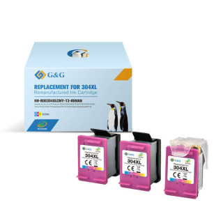 G&G HP 304XL Color Pack de 3 Cartuchos de Tinta Remanufacturados - Eco Saver - Muestra Nivel de Tinta - Reemplaza N9K07AE/N9K05