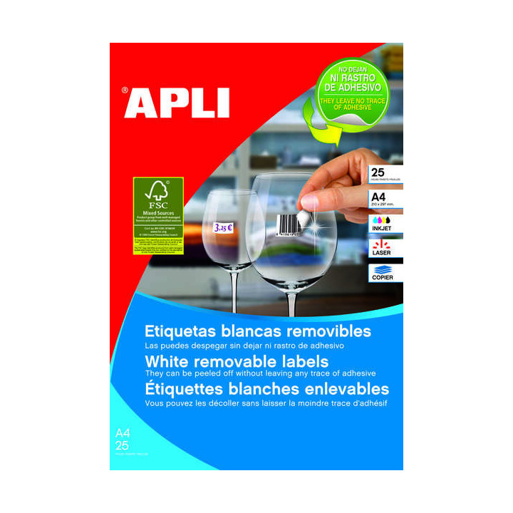 Apli Pack de 6.750 Etiquetas Blancas Removibles 17.8 x 10.0mm - 25 Hojas x 270 Etiquetas - Adhesivo Removible - Color Blanco