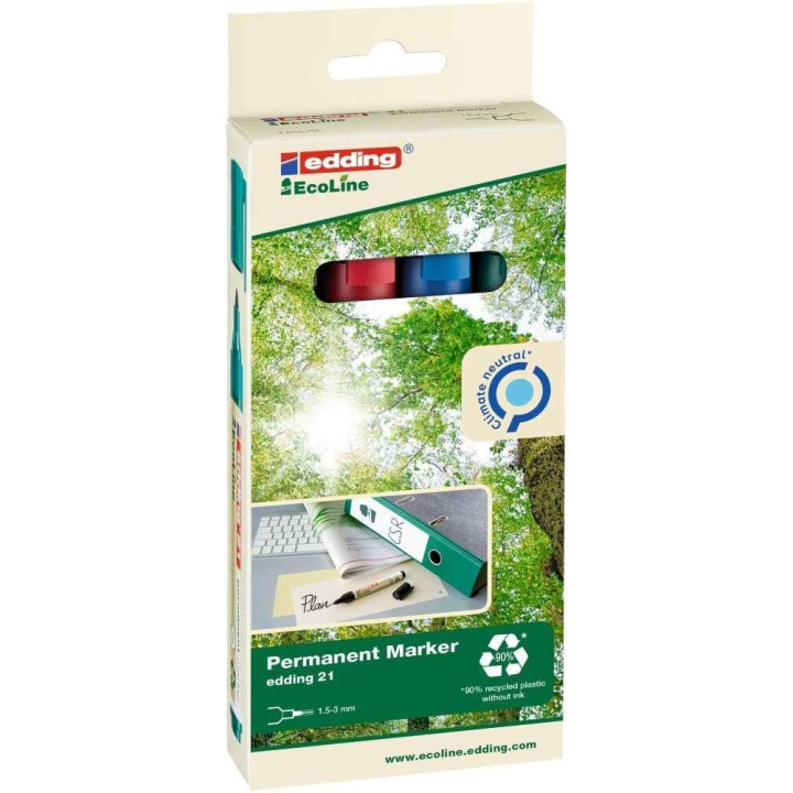 Edding 21 EcoLine Pack de 4 Rotuladores Permanentes - Punta Redonda - Trazo entre 1.5 y 3mm - 90% de Plastico Reciclado - Color