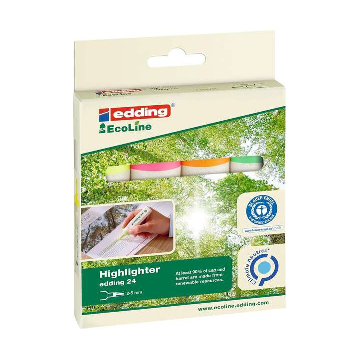 Edding 24 EcoLine Pack de 4 Marcadores Fluorescentes - Punta Biselada - Trazo entre 2-5mm - 90% de Plastico Reciclado - Etiquet