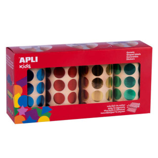 Apli Pack de 5.640 Gomets Redondos Ø 20mm - 4 Rollos de 1.410 Gomets - Adhesivo Permanente - Ideal para escuelas Infantiles y